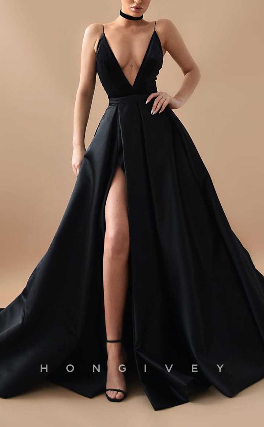 L2096 - Sexy Satin A-Line V-Neck Spaghetti Straps Empire With Side Slit Train Party Prom Evening Dress - Fashionpara