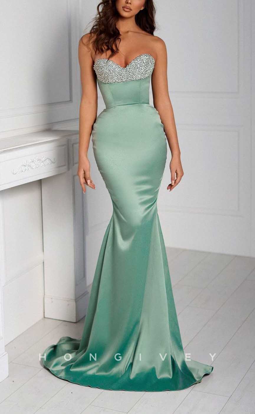 L2097 - Sexy Satin Trumpt Sweetheart Strapless Empire Beaded With Train Party Prom Evening Dress - Fashionpara