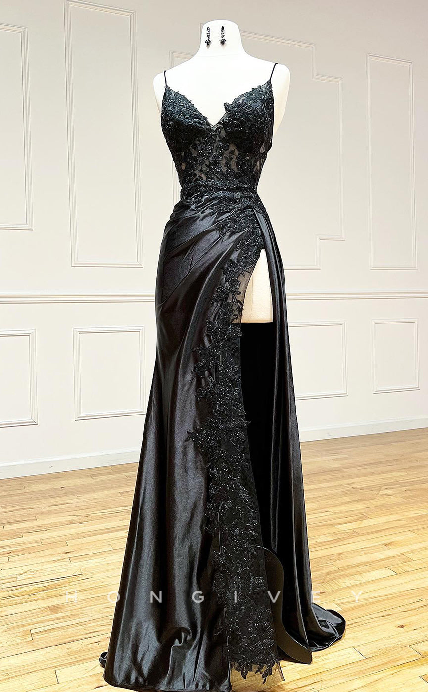 L2098 - Sexy Satin A-Line V-Neck Spaghetti Straps Empire Beaded Appliques Party Prom Evening Dress - Fashionpara