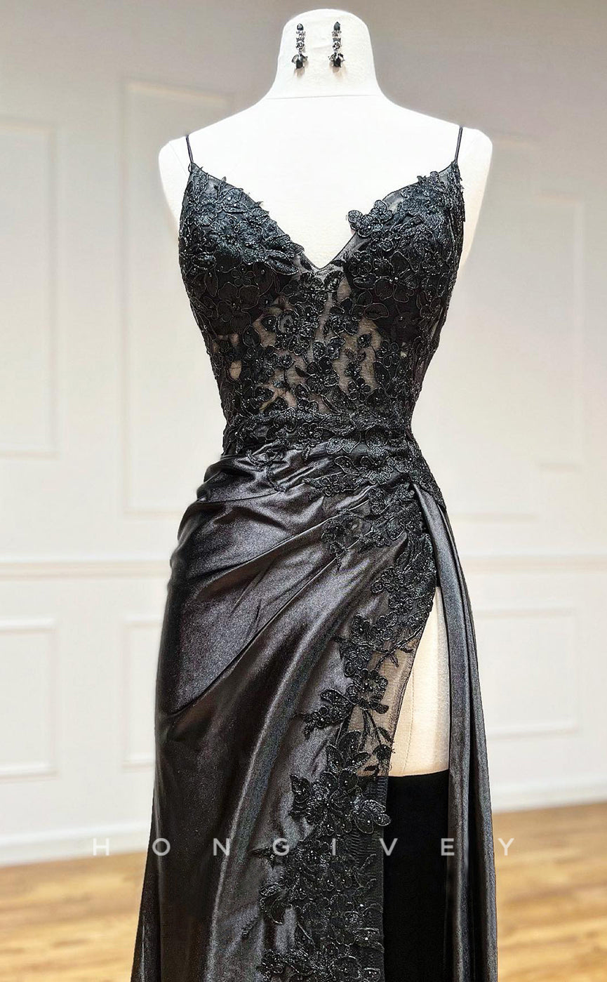 L2098 - Sexy Satin A-Line V-Neck Spaghetti Straps Empire Beaded Appliques Party Prom Evening Dress - Fashionpara