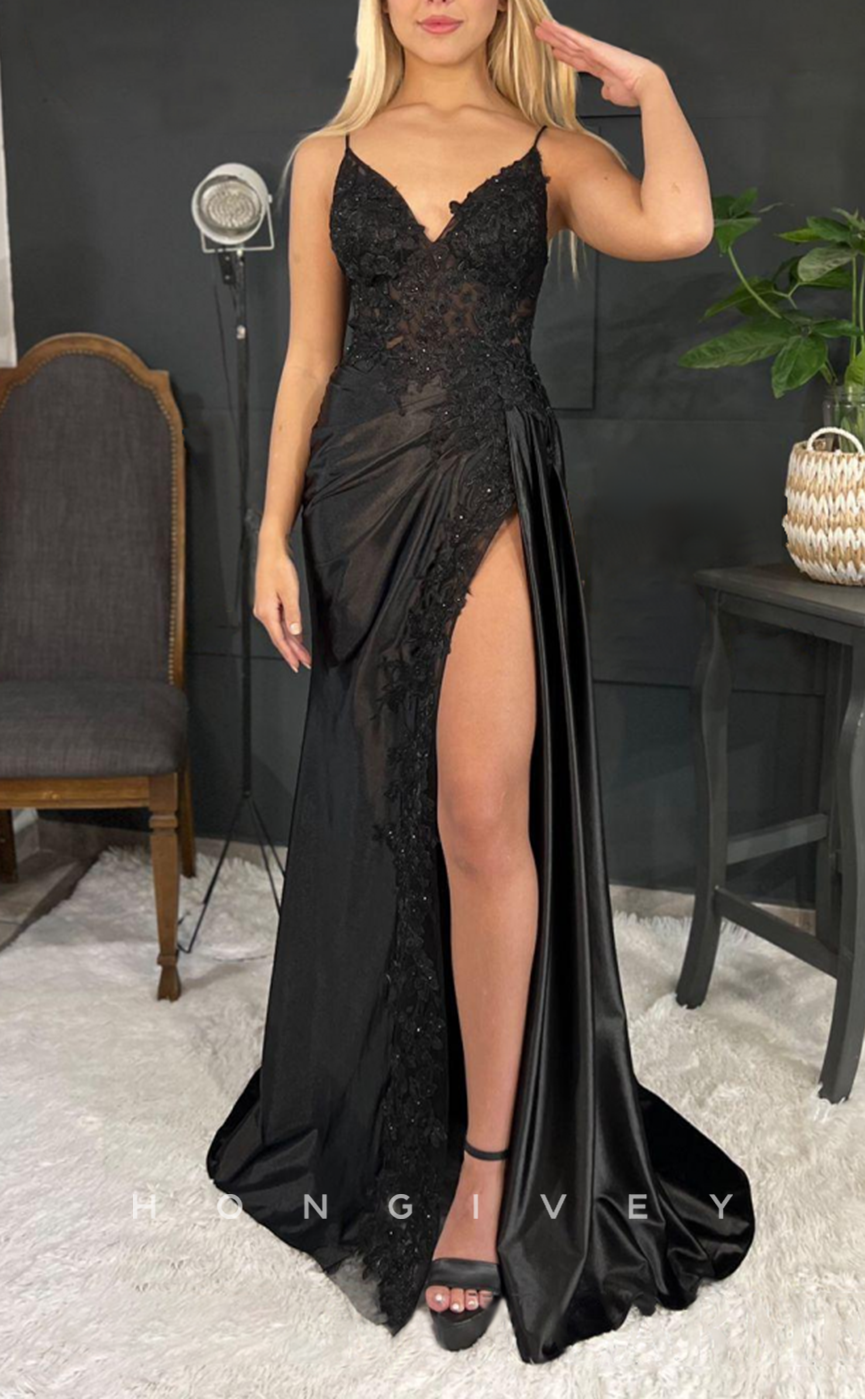 L2098 - Sexy Satin A-Line V-Neck Spaghetti Straps Empire Beaded Appliques Party Prom Evening Dress - Fashionpara