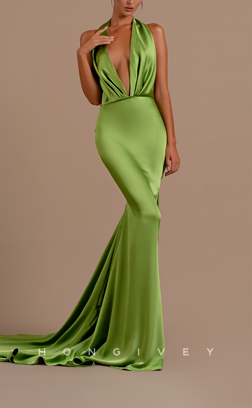 L2100 - Sexy Satin Trumpt Halter Empire Illusion Open Back With Train Party Prom Evening Dress - Fashionpara