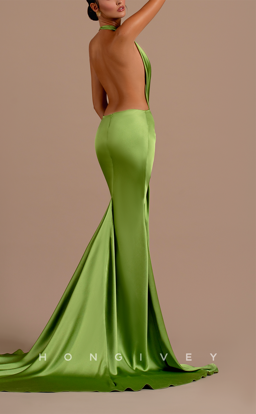 L2100 - Sexy Satin Trumpt Halter Empire Illusion Open Back With Train Party Prom Evening Dress - Fashionpara