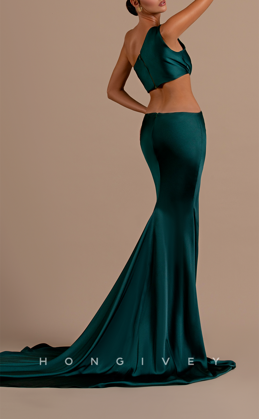 L2102 - Sexy Satin Trumpet One Shoulder Sleeveless Illusion Empire With Train Party Prom Evening Dress - Fashionpara