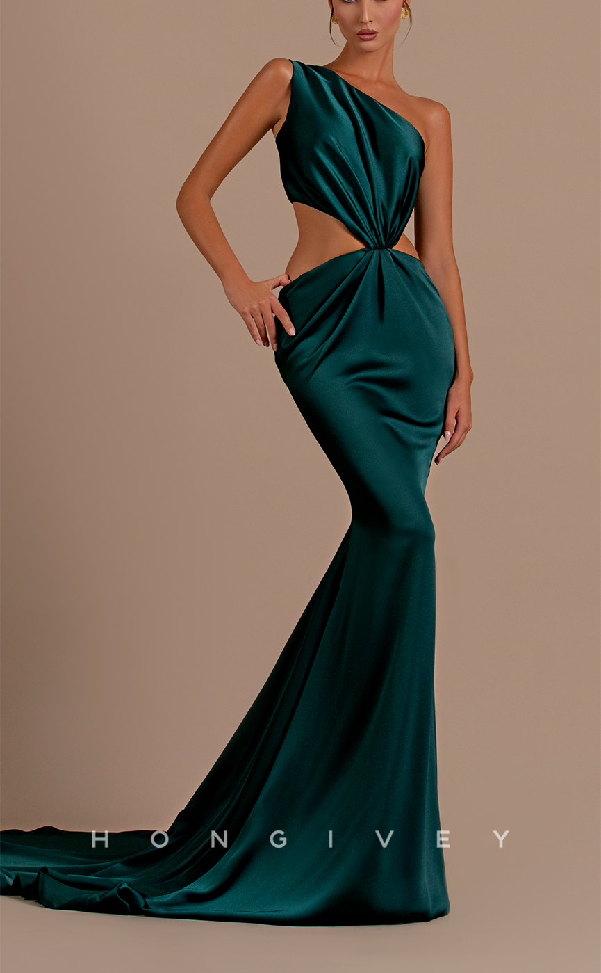 L2102 - Sexy Satin Trumpet One Shoulder Sleeveless Illusion Empire With Train Party Prom Evening Dress - Fashionpara