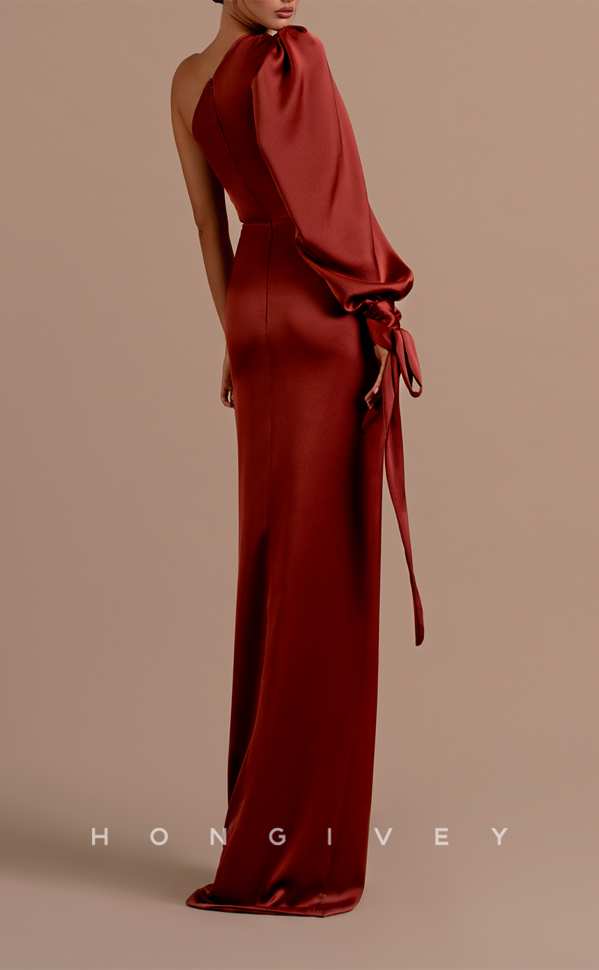 L2104 - Sexy Satin Fitted One Shoulder Long Sleeve Empire Ruched With Side Slit Party Prom Evening Dress - Fashionpara