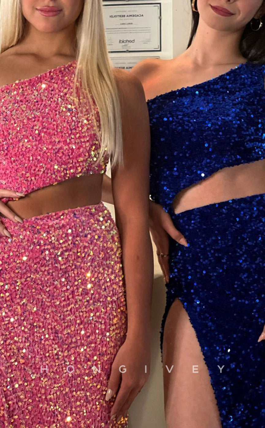 L2109 - Sexy Fitted Glitter One Shoulder Empire Illusion Sequined With Side Slit Party Prom Evening Dress - Fashionpara