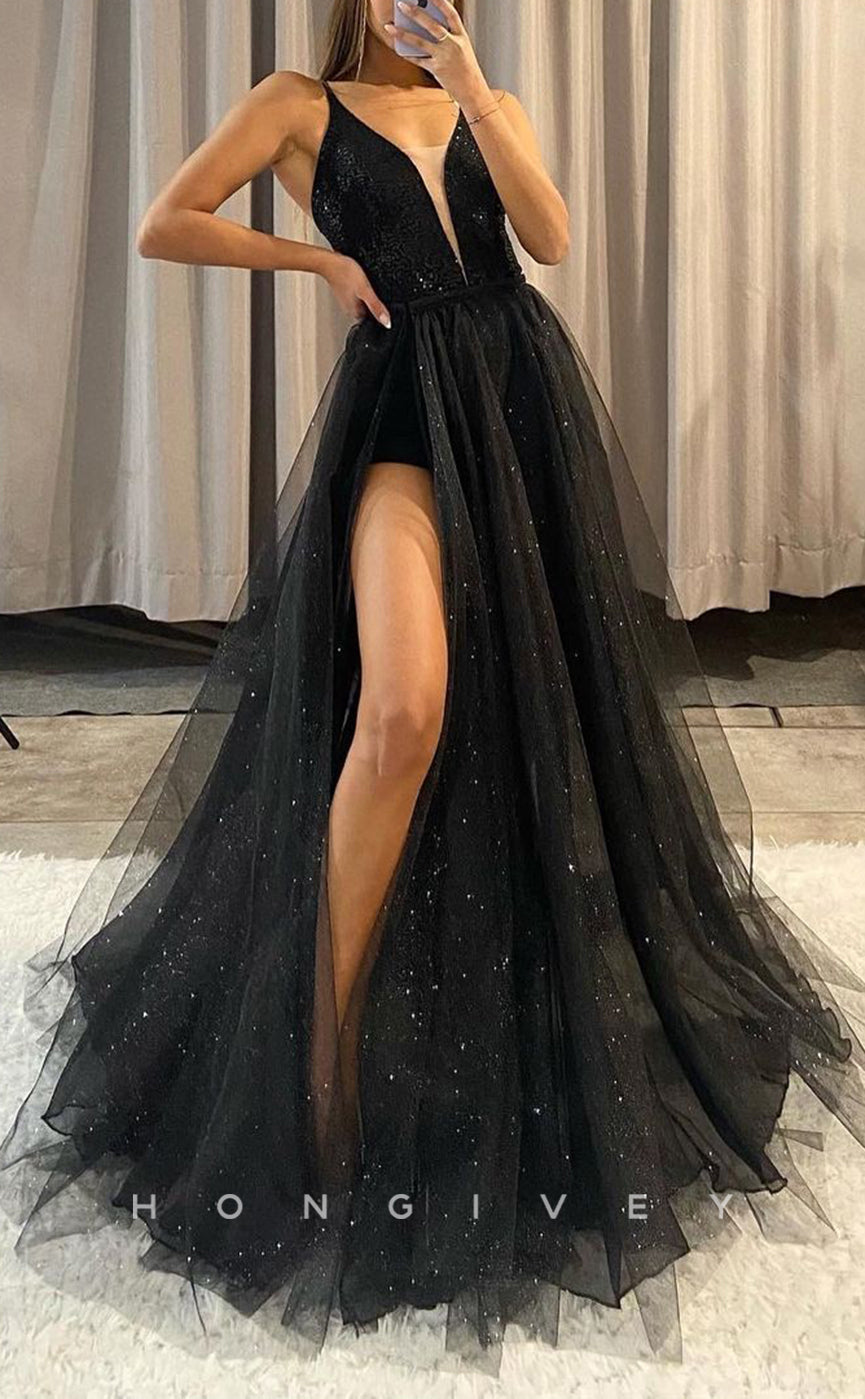 L2110 - Sexy Tulle Glitter A-Line V-Neck Spaghetti Straps Empire Sequined Party Prom Evening Dress - Fashionpara
