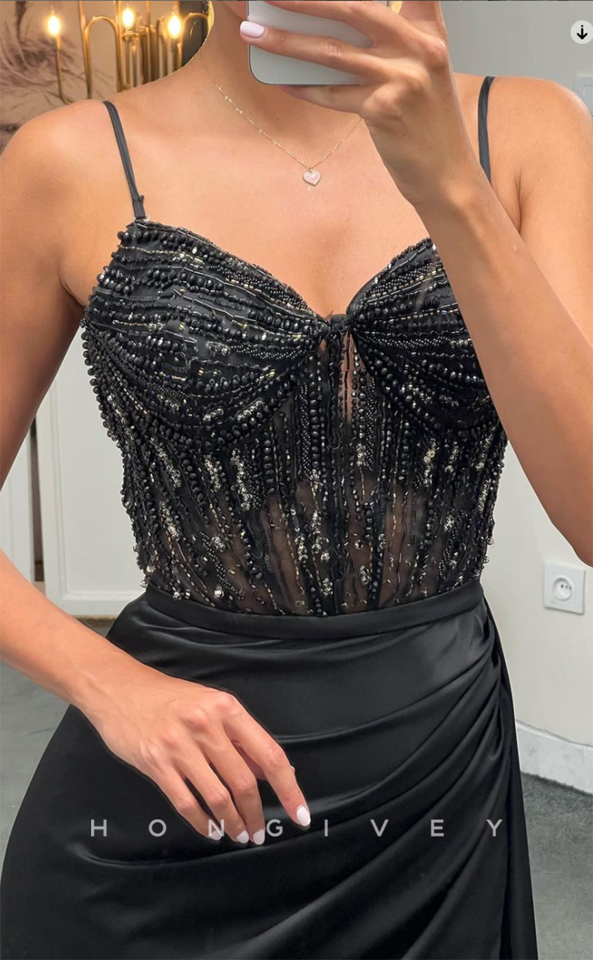 L2131 - Sexy Satin A-Line Sweetheart Spaghetti Straps Empire Beaded Ruched Party Prom Evening Dress - Fashionpara