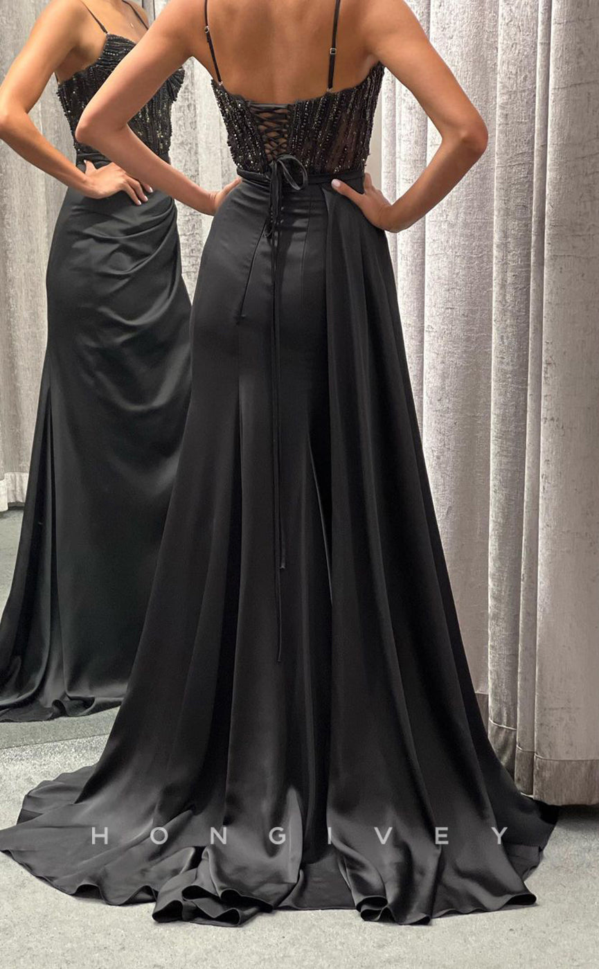 L2131 - Sexy Satin A-Line Sweetheart Spaghetti Straps Empire Beaded Ruched Party Prom Evening Dress - Fashionpara