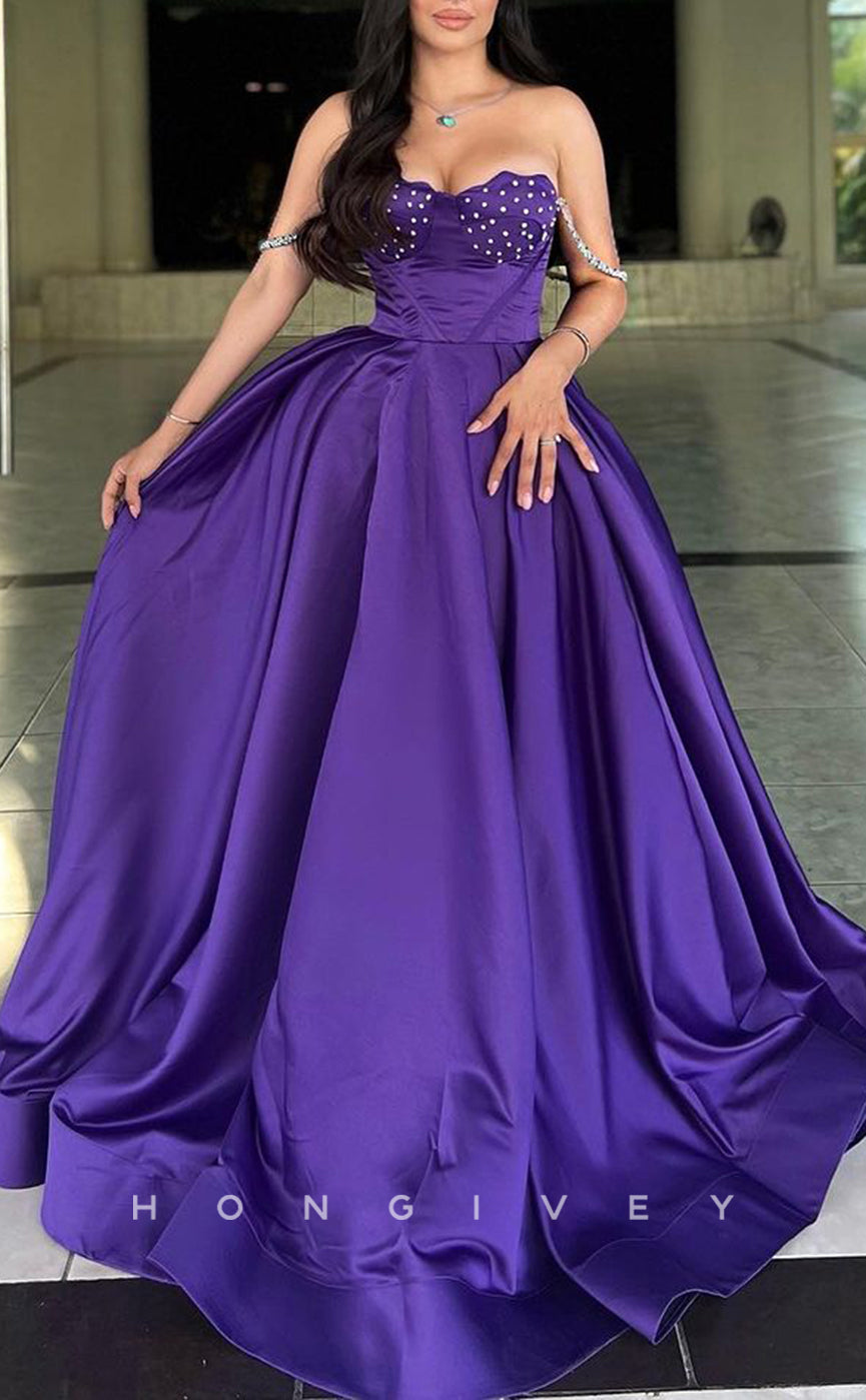 L2139 - Sexy Satin A-Line Sweetheart Spaghetti Straps Empire Beaded Party Prom Evening Dress - Fashionpara