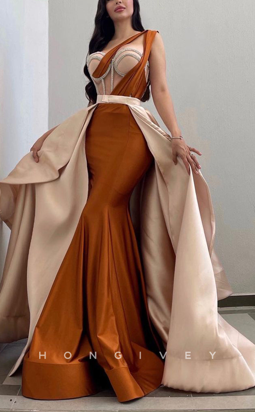 L2141 - Sexy Satin A-Line One Shoulder Illusion Empire Beaded With Detachable Overskirt Party Prom Evening Dress - Fashionpara