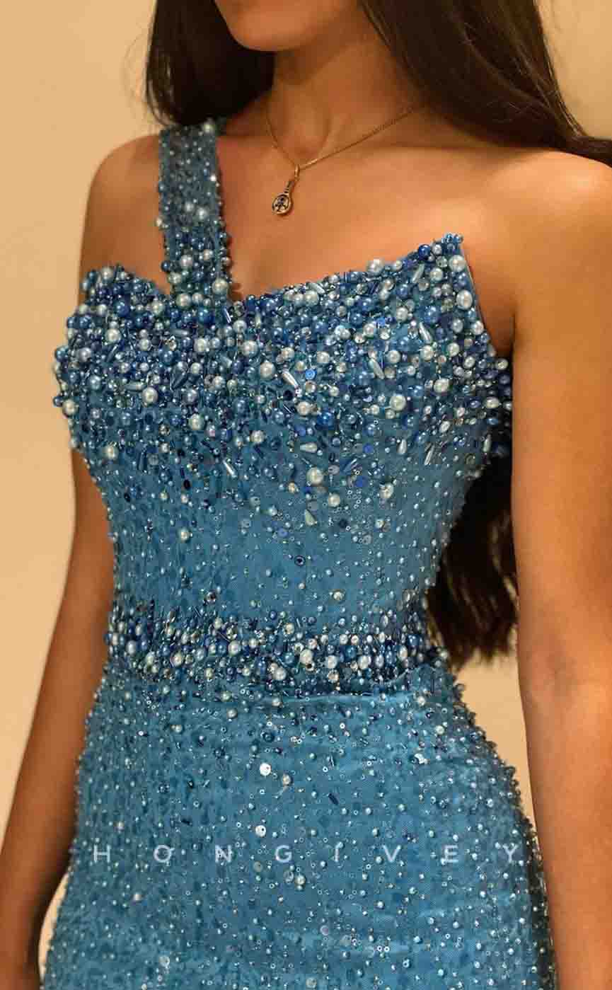 L2153 - Sexy Fitted Glitter One Shoulder Empire Beaded Sequined With Train  Party Prom Evening Dress - Fashionpara