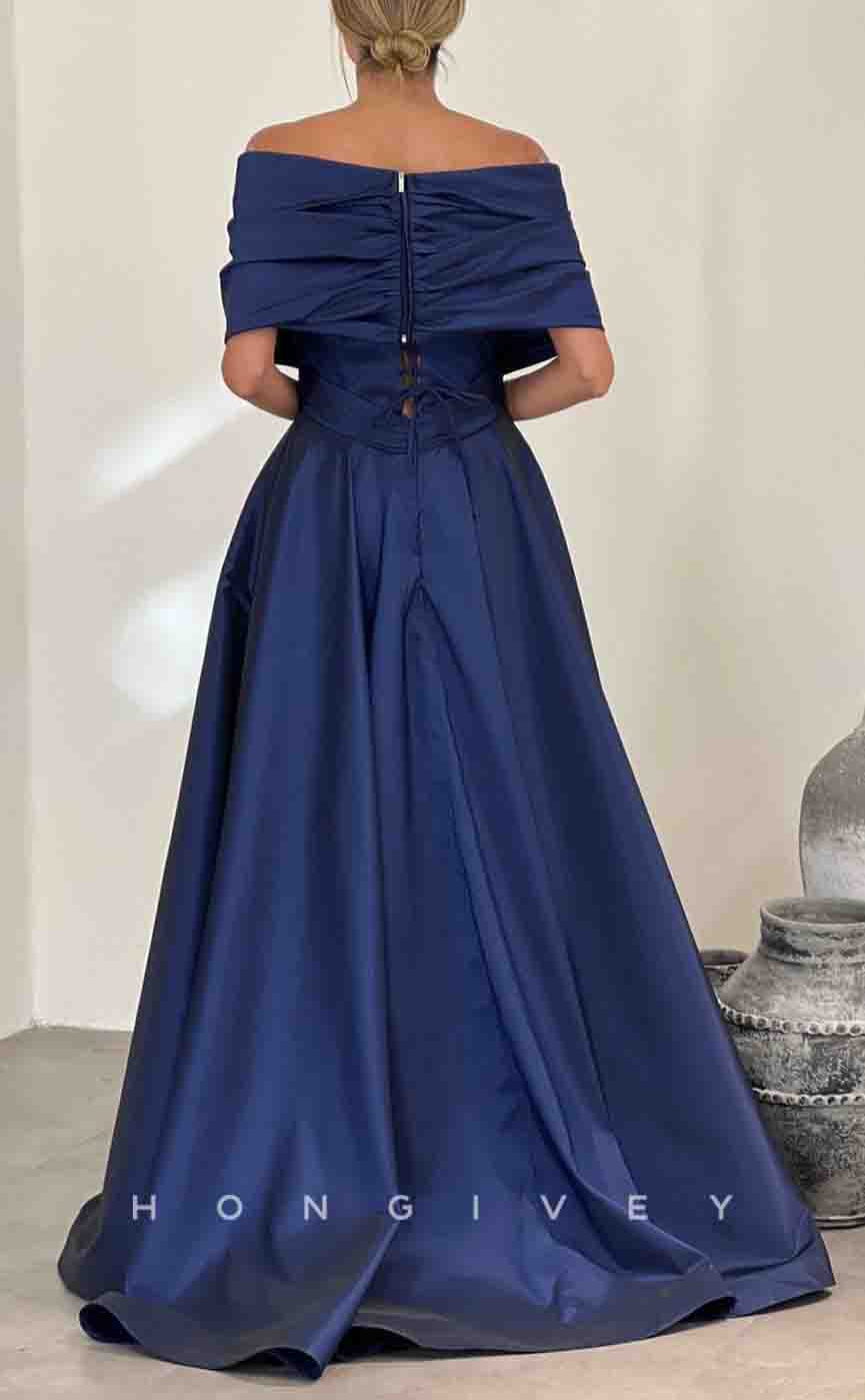 L2154 - Sexy Satin A-Line Off-Shoulder Empire Ruched Floor-Length Party Prom Evening Dress - Fashionpara