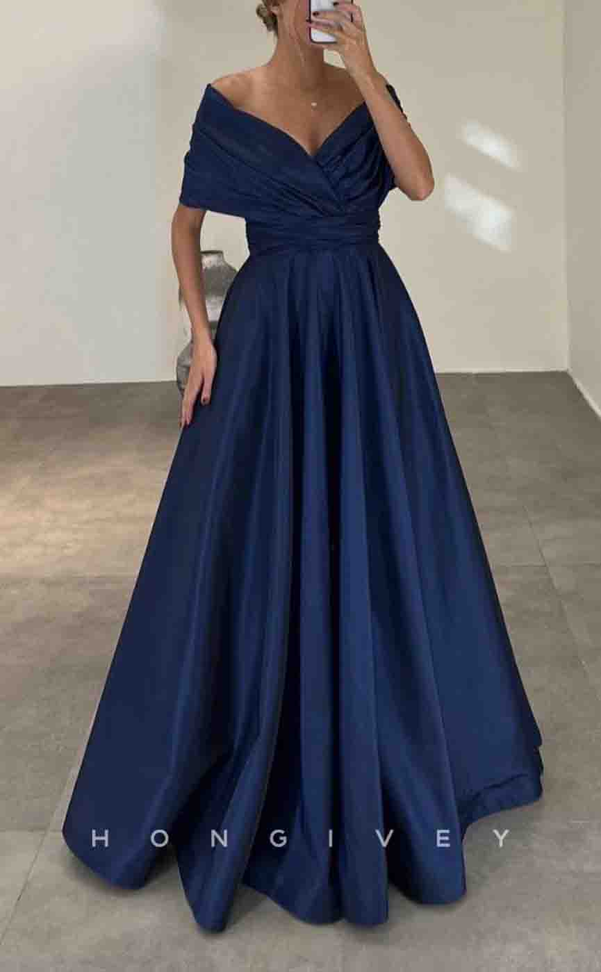 L2154 - Sexy Satin A-Line Off-Shoulder Empire Ruched Floor-Length Party Prom Evening Dress - Fashionpara