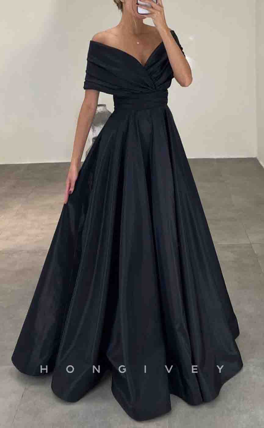 L2154 - Sexy Satin A-Line Off-Shoulder Empire Ruched Floor-Length Party Prom Evening Dress - Fashionpara