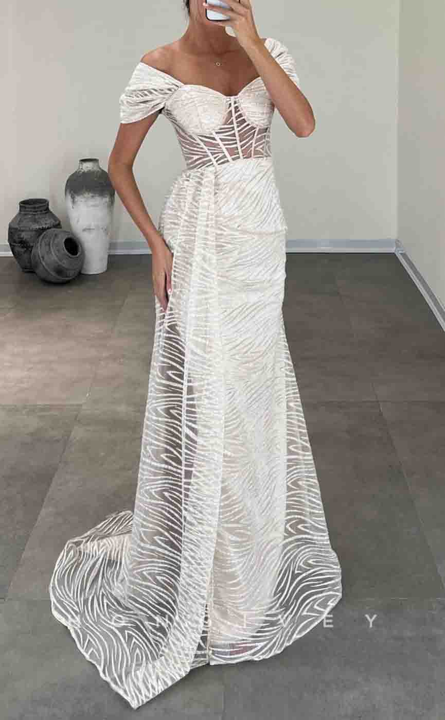 L2156 - Sexy Satin Fitted Off-Shoulder Illusion Empire Glitter With Side Slit Train Party Prom Evening Dress - Fashionpara