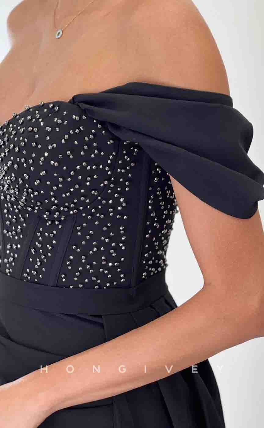 L2157 - Sexy Satin A-Line Off-Shoulder Empire Beaded Ruched With Side Slit Train Party Prom Evening Dress - Fashionpara