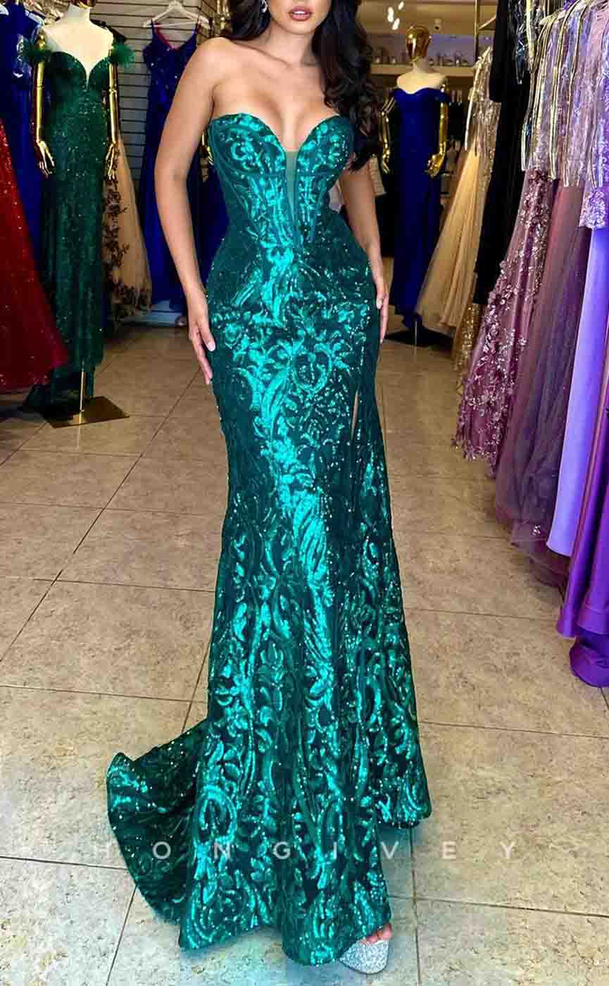 L2180 - Sexy Glitter Trumpet Sweetheart Empire Sequined Appliques With Side Slit Party Prom Evening Dress - Fashionpara