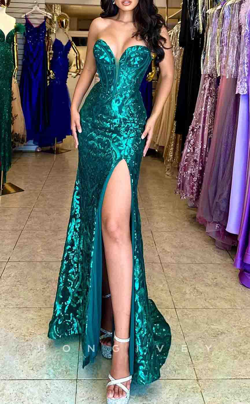 L2180 - Sexy Glitter Trumpet Sweetheart Empire Sequined Appliques With Side Slit Party Prom Evening Dress - Fashionpara