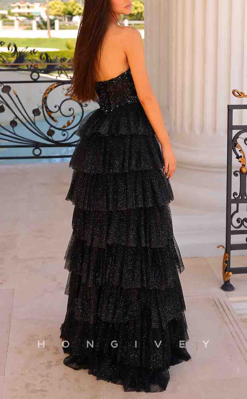 L2181 - Sexy Tulle A-Line V-Neck Strapless Empire Beaded With Side Slit Party Prom Evening Dress - Fashionpara