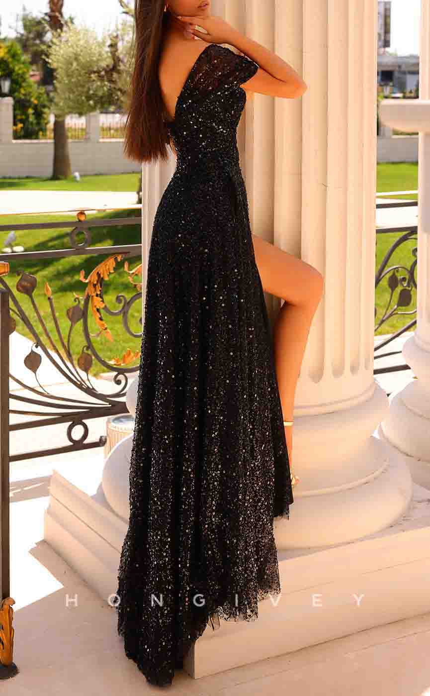 L2183 - Sexy Tulle Glitter A-Line Off-Shoulder Empire Sequined With Side Slit Train Party Prom Evening Dress - Fashionpara