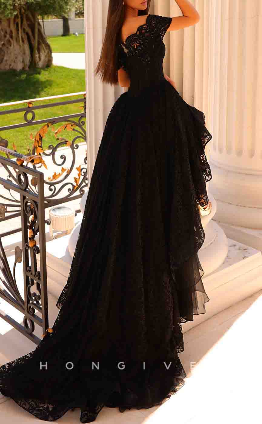 L2184 - Sexy Tulle A-Line Off-Shoulder Empire High Low Appliques With Side Slit Train Party Prom Evening Dress - Fashionpara