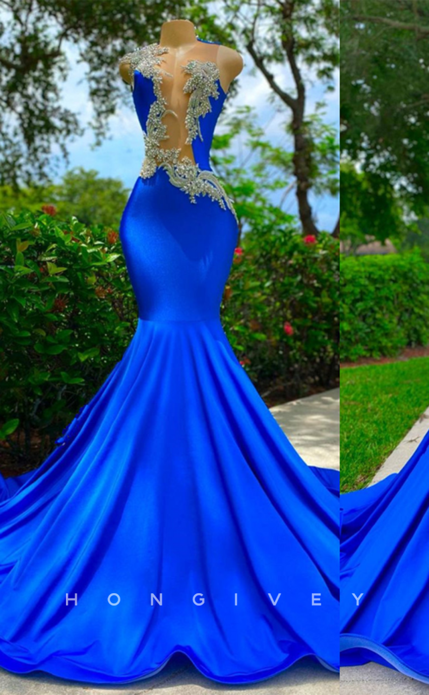 L2186 - Sexy Satin Trympet Round Sleeveless Empire Beaded Appliques Party Prom Evening Dress For Black Girl - Fashionpara