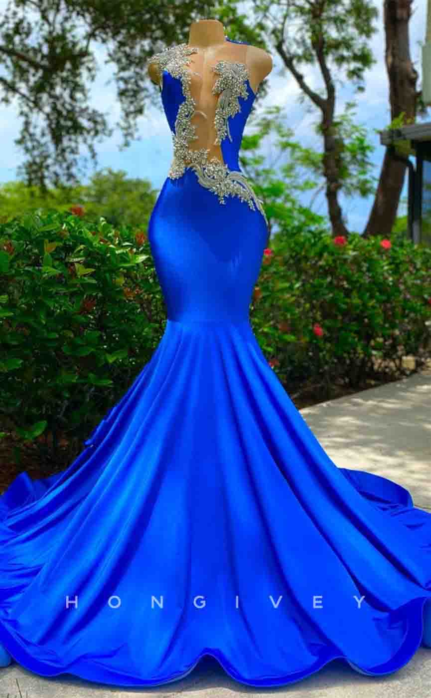 L2186 - Sexy Satin Trympet Round Sleeveless Empire Beaded Appliques Party Prom Evening Dress For Black Girl - Fashionpara