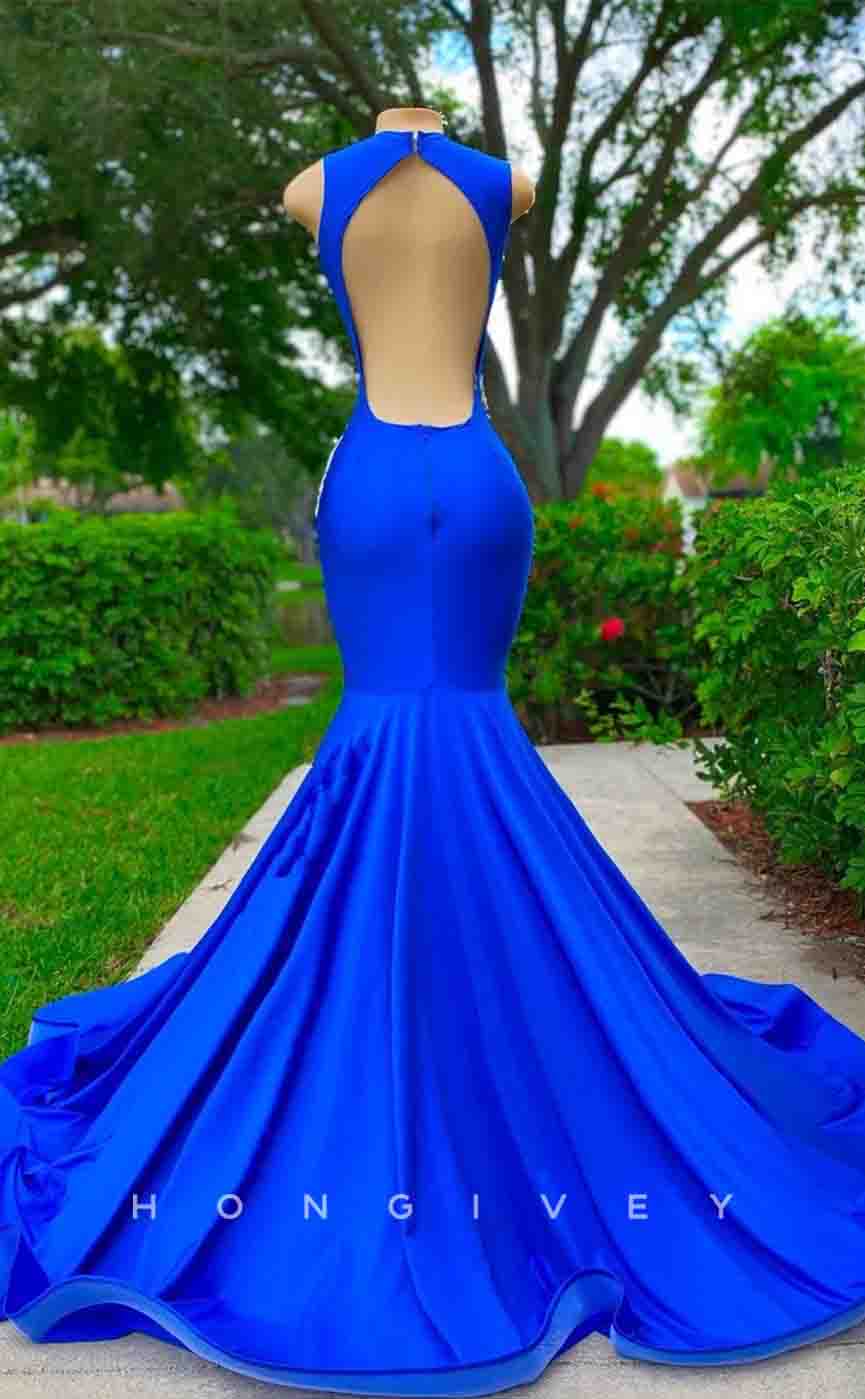 L2186 - Sexy Satin Trympet Round Sleeveless Empire Beaded Appliques Party Prom Evening Dress For Black Girl - Fashionpara