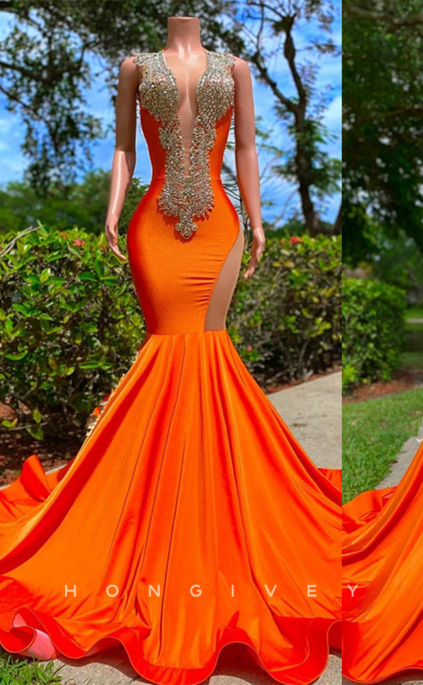 L2187 - Sexy Satin Trumpet Round Sleeveless Empire Beaded With Train Party Prom Evening Dress For Black Girl - Fashionpara