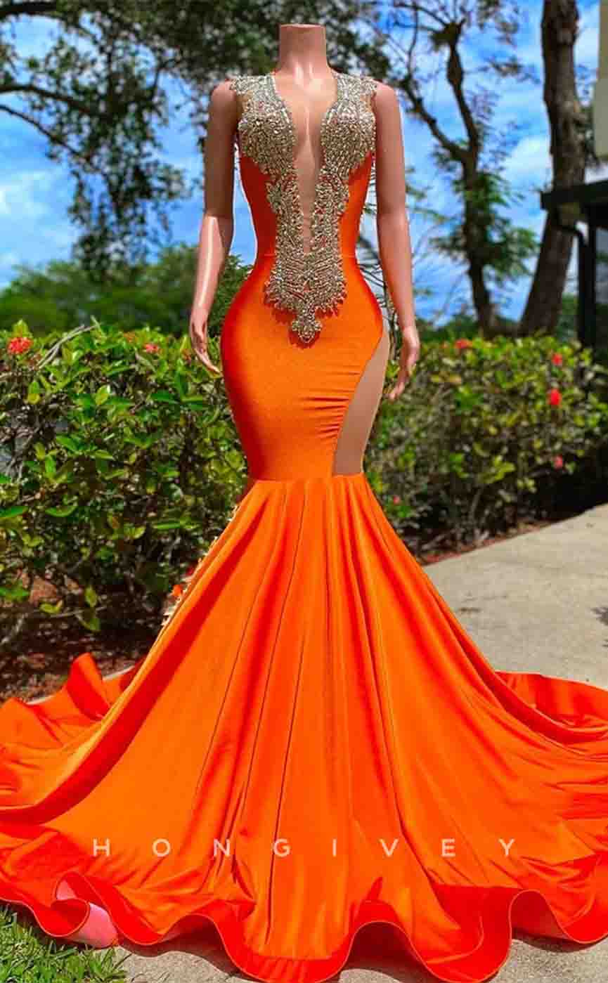 L2187 - Sexy Satin Trumpet Round Sleeveless Empire Beaded With Train Party Prom Evening Dress For Black Girl - Fashionpara