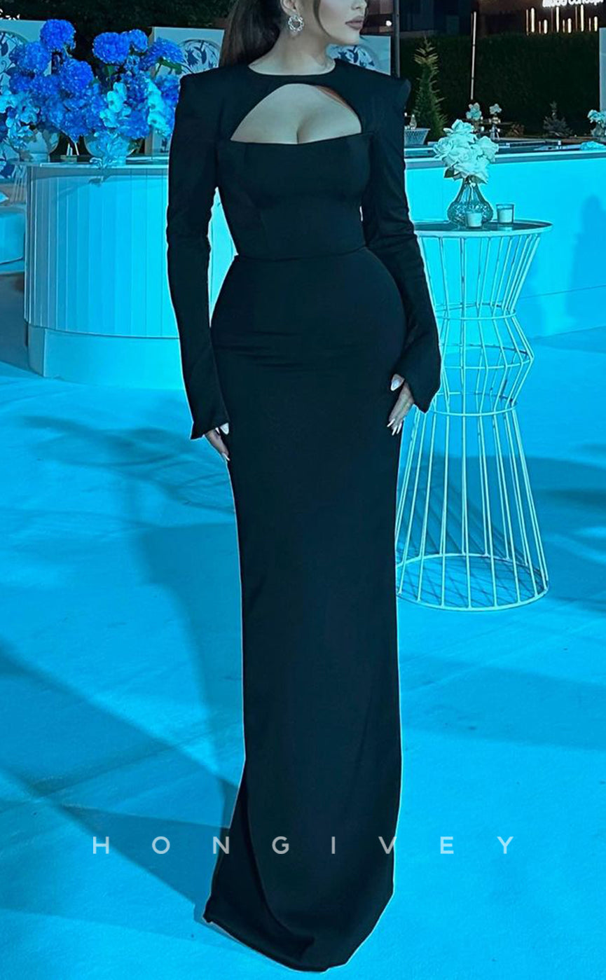 L2190 - Sexy Satin Black Fitted Scoop Empire Long Sleeves Floor-Length Party Prom Evening Dress - Fashionpara