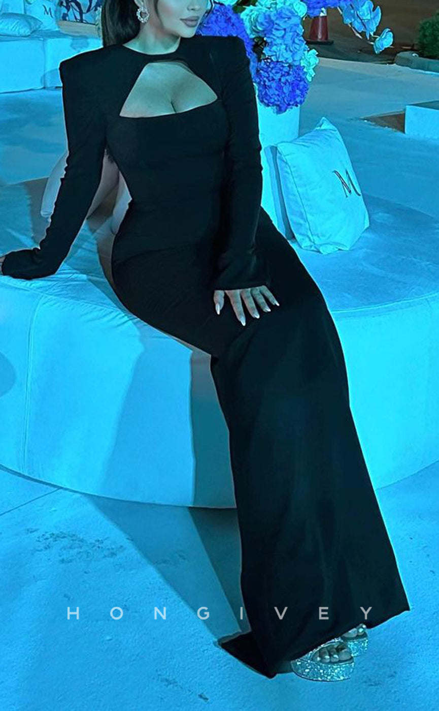 L2190 - Sexy Satin Black Fitted Scoop Empire Long Sleeves Floor-Length Party Prom Evening Dress - Fashionpara