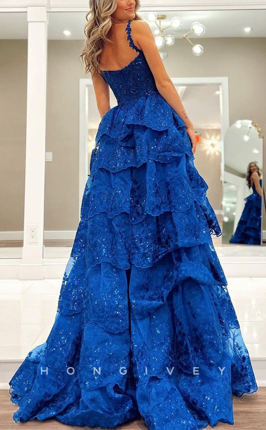 L2194 - Sexy Lace A-Line Sweetheart Spaghetti Straps Empire Tiered With Side Slit Train Party Prom Evening Dress - Fashionpara
