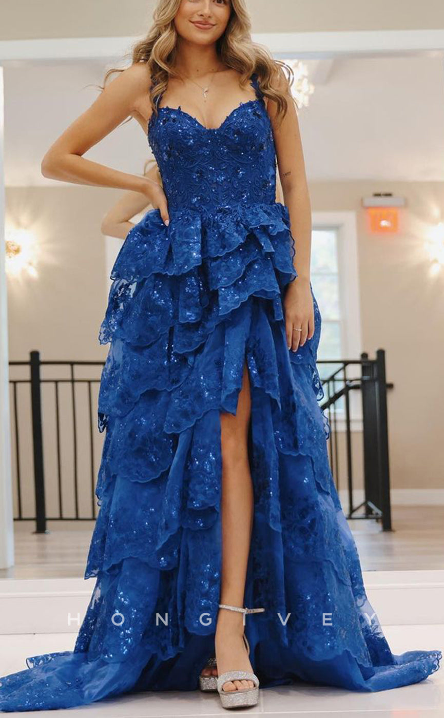L2194 - Sexy Lace A-Line Sweetheart Spaghetti Straps Empire Tiered With Side Slit Train Party Prom Evening Dress - Fashionpara