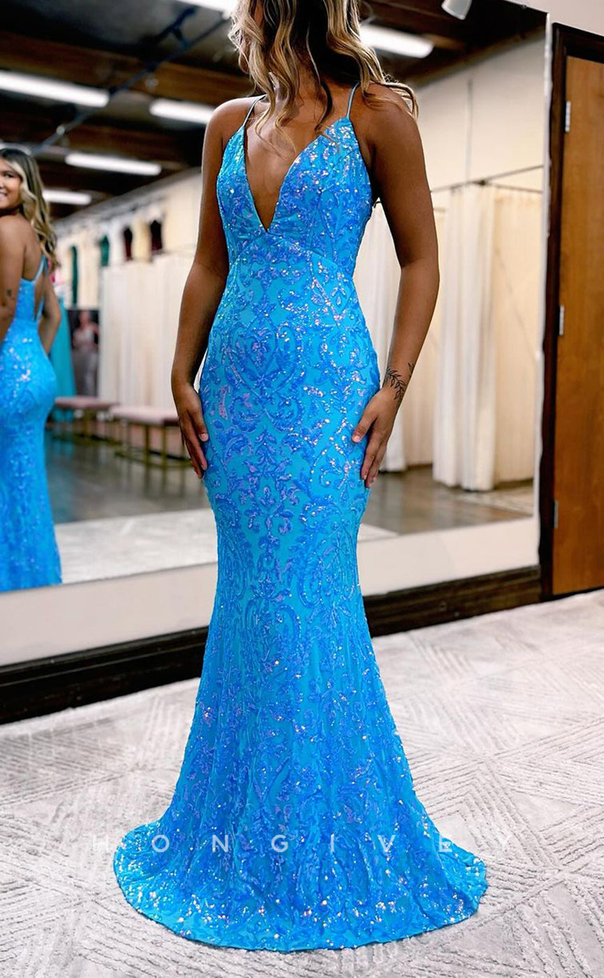 L2198 - Sexy Glitter Satin Trumpet V-Neck Spaghetti Straps Empire Appliques Party Prom Evening Dress - Fashionpara