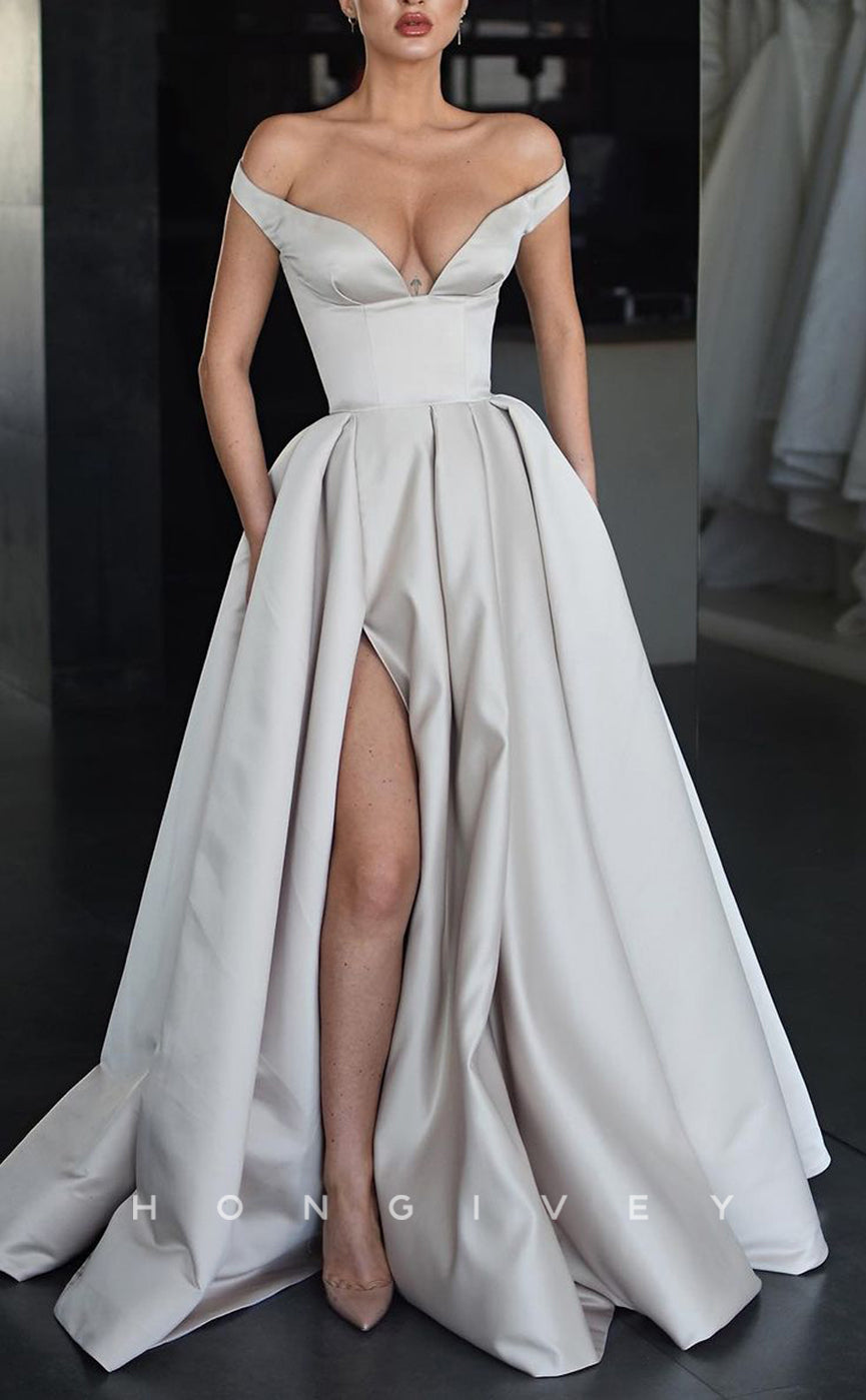 L2202 - Sexy Satin A-LIne Off-Shoulder Empire Ruched Pockets With Side Slit Floor-Length Party Prom Evening Dress - Fashionpara