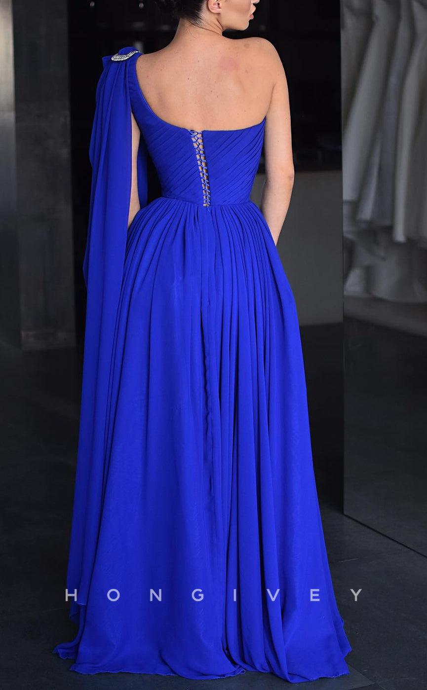 L2203 - Sexy Satin A-Line One Shoulder With Bolero Empire Ruched With Side Slit Party Prom Evening Dress - Fashionpara