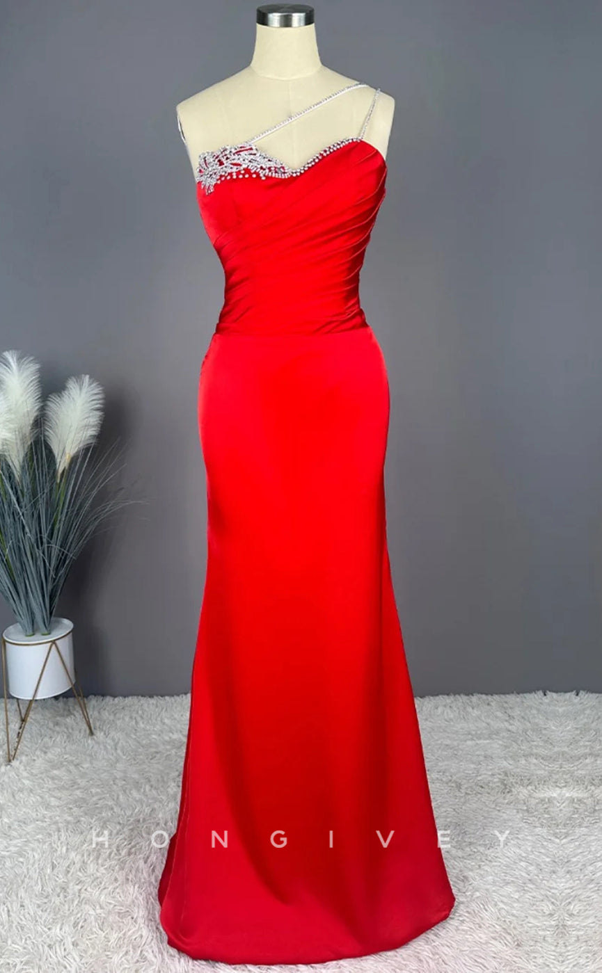 L2204 - Sexy Satin Trumpet One Shoulder Sleeveless Empire Beaded With Train Party Prom Evening Dress - Fashionpara