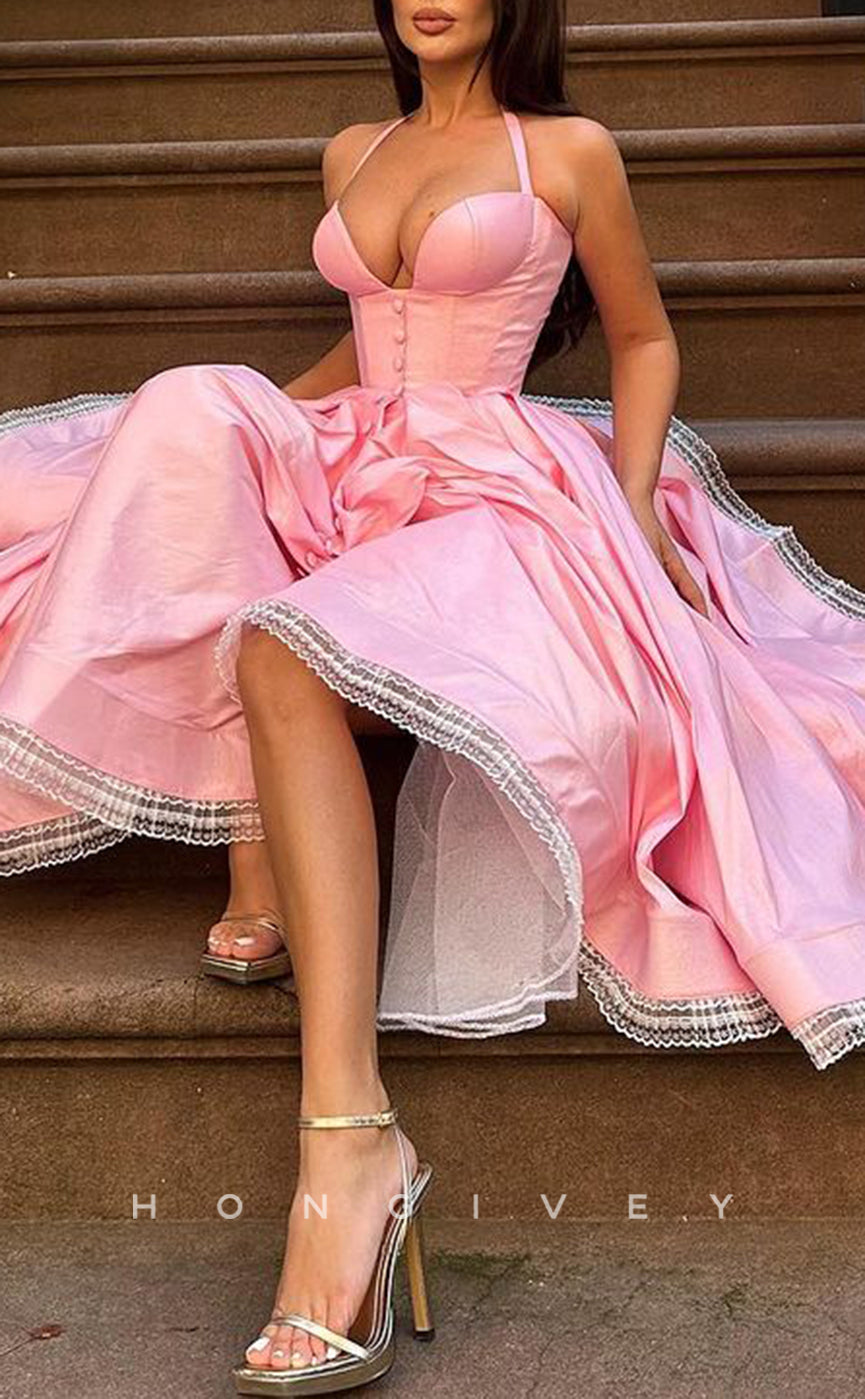 L2206 - Sexy Satin A-Line Sweetheart Halter Empire Lace Embellished With Pockets Party Prom Evening Dress - Fashionpara