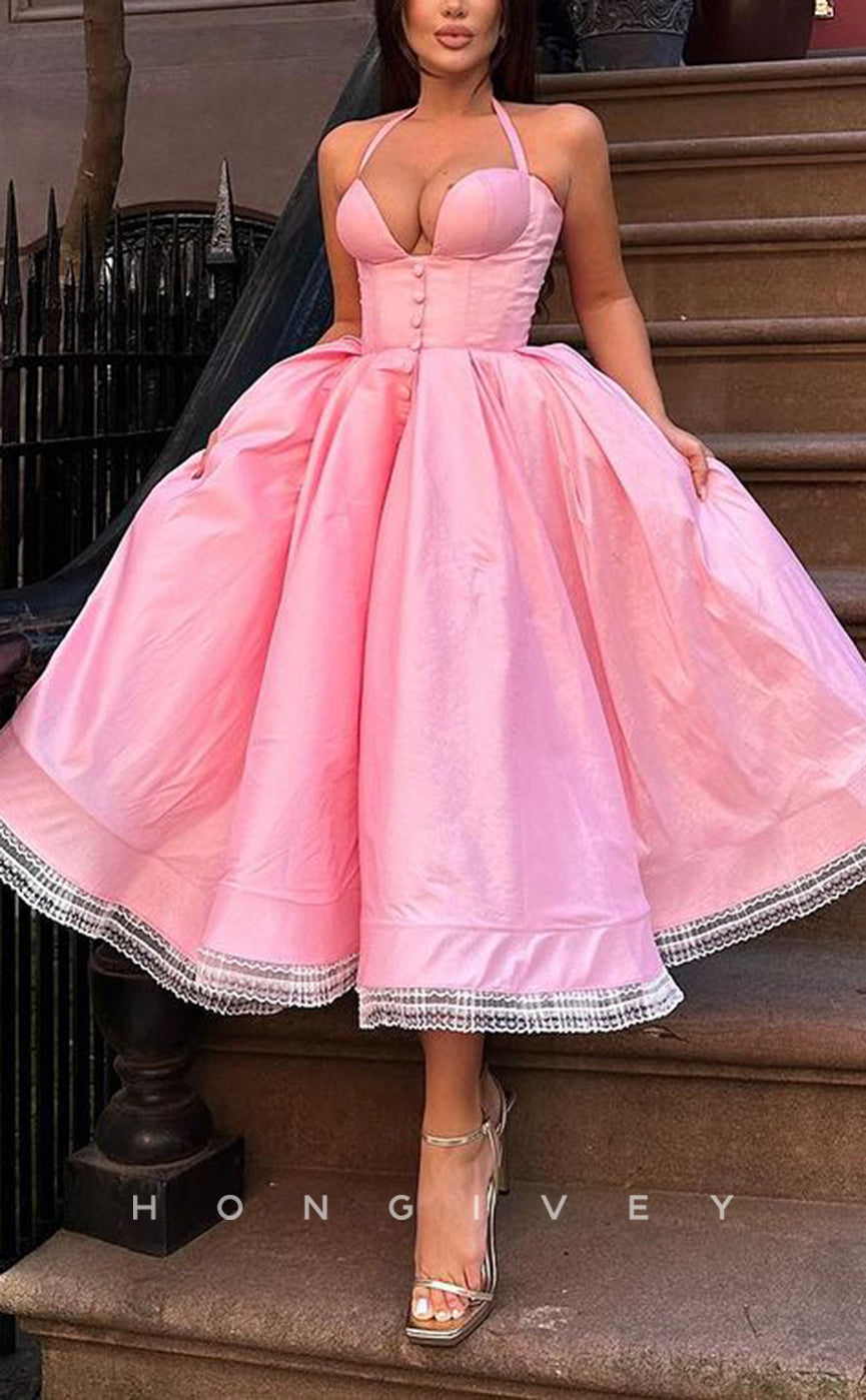 L2206 - Sexy Satin A-Line Sweetheart Halter Empire Lace Embellished With Pockets Party Prom Evening Dress - Fashionpara
