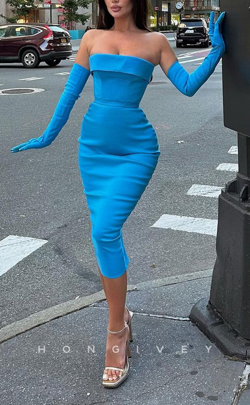L2207 - Sexy Satin Fitted Strapless Empire With Long Gloves Party Prom Evening Dress - Fashionpara
