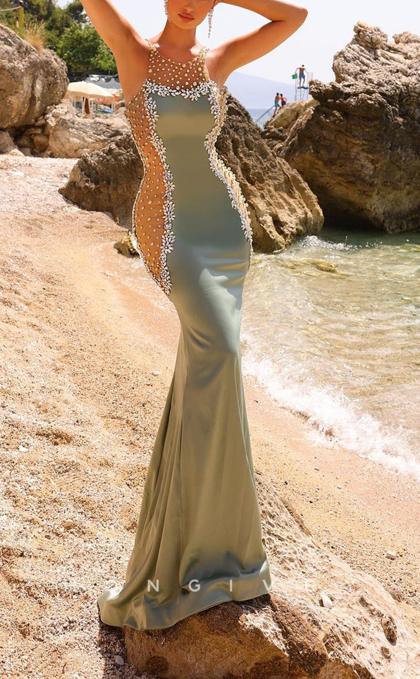 L2209 - Sexy Satin Trumpet Scoop Strapless Empire Illusion Beaded With Train Party Prom Evening Dress - Fashionpara