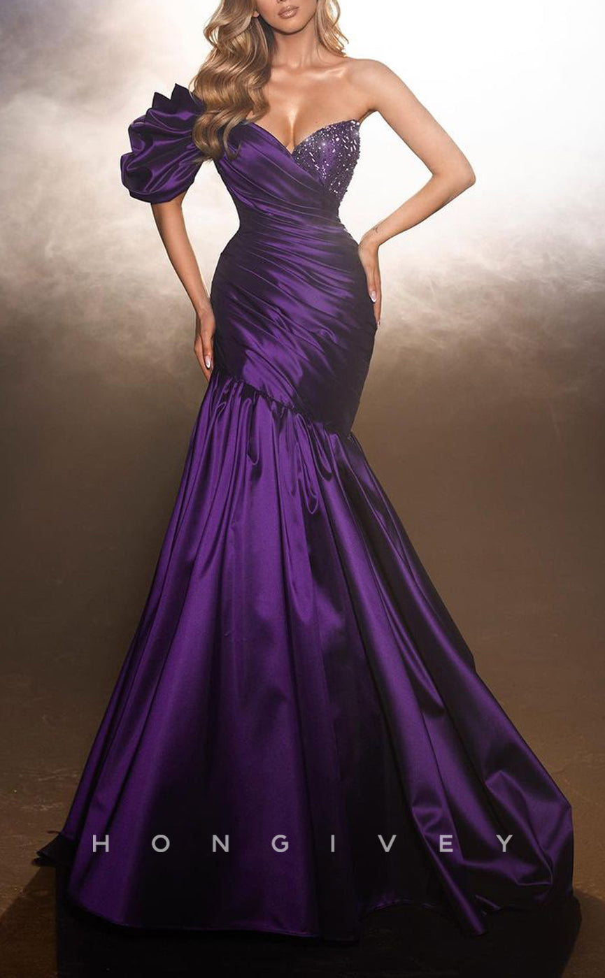 L2213 - Sexy Satin Trumpet One Shoulder Empire Ruched Beaded Party Prom Evening Dress - Fashionpara