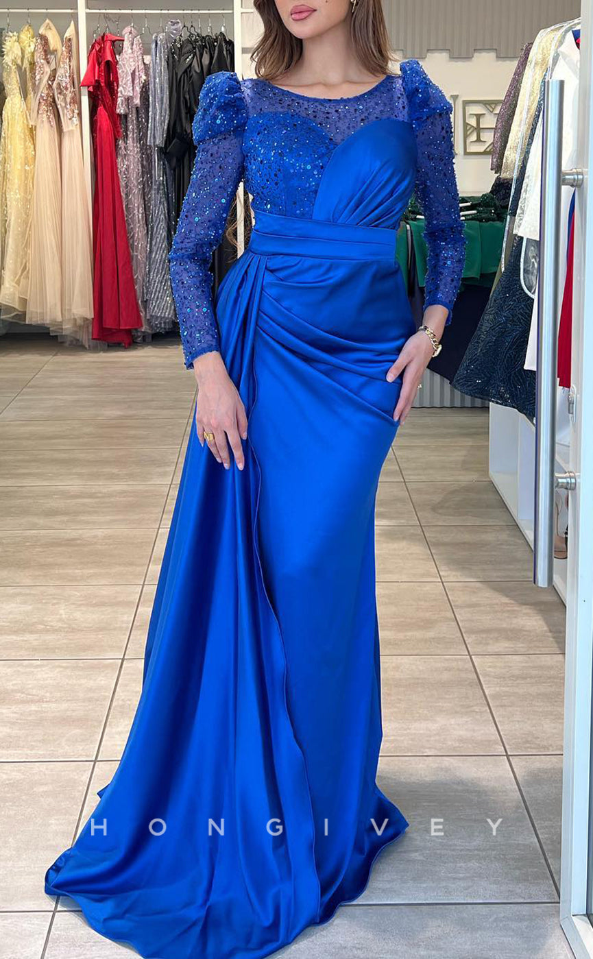 L2220 - Sexy Satin Fitted Scoop Empire Sequined Long Sleeves Ruched With Train Party Prom Evening Dress - Fashionpara