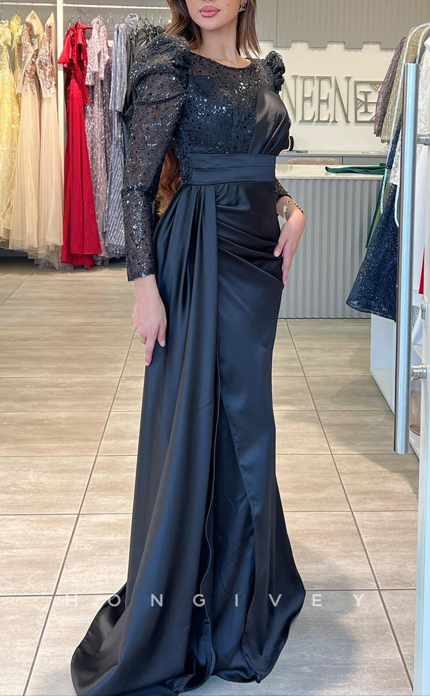 L2220 - Sexy Satin Fitted Scoop Empire Sequined Long Sleeves Ruched With Train Party Prom Evening Dress - Fashionpara