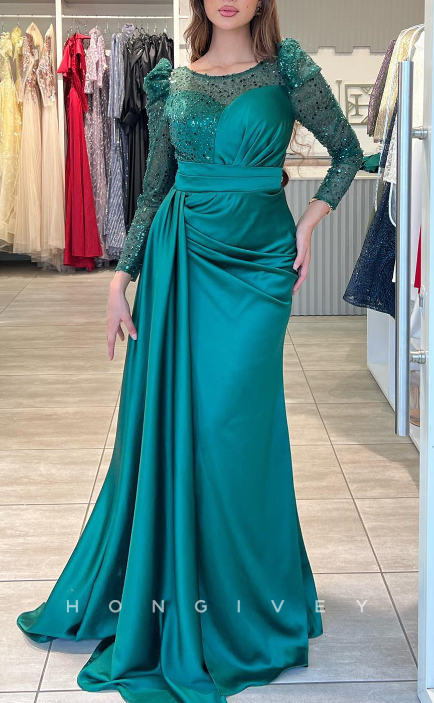 L2220 - Sexy Satin Fitted Scoop Empire Sequined Long Sleeves Ruched With Train Party Prom Evening Dress - Fashionpara