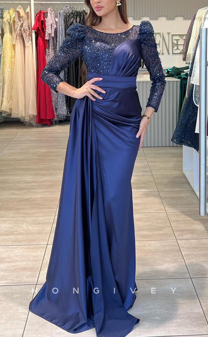 L2220 - Sexy Satin Fitted Scoop Empire Sequined Long Sleeves Ruched With Train Party Prom Evening Dress - Fashionpara