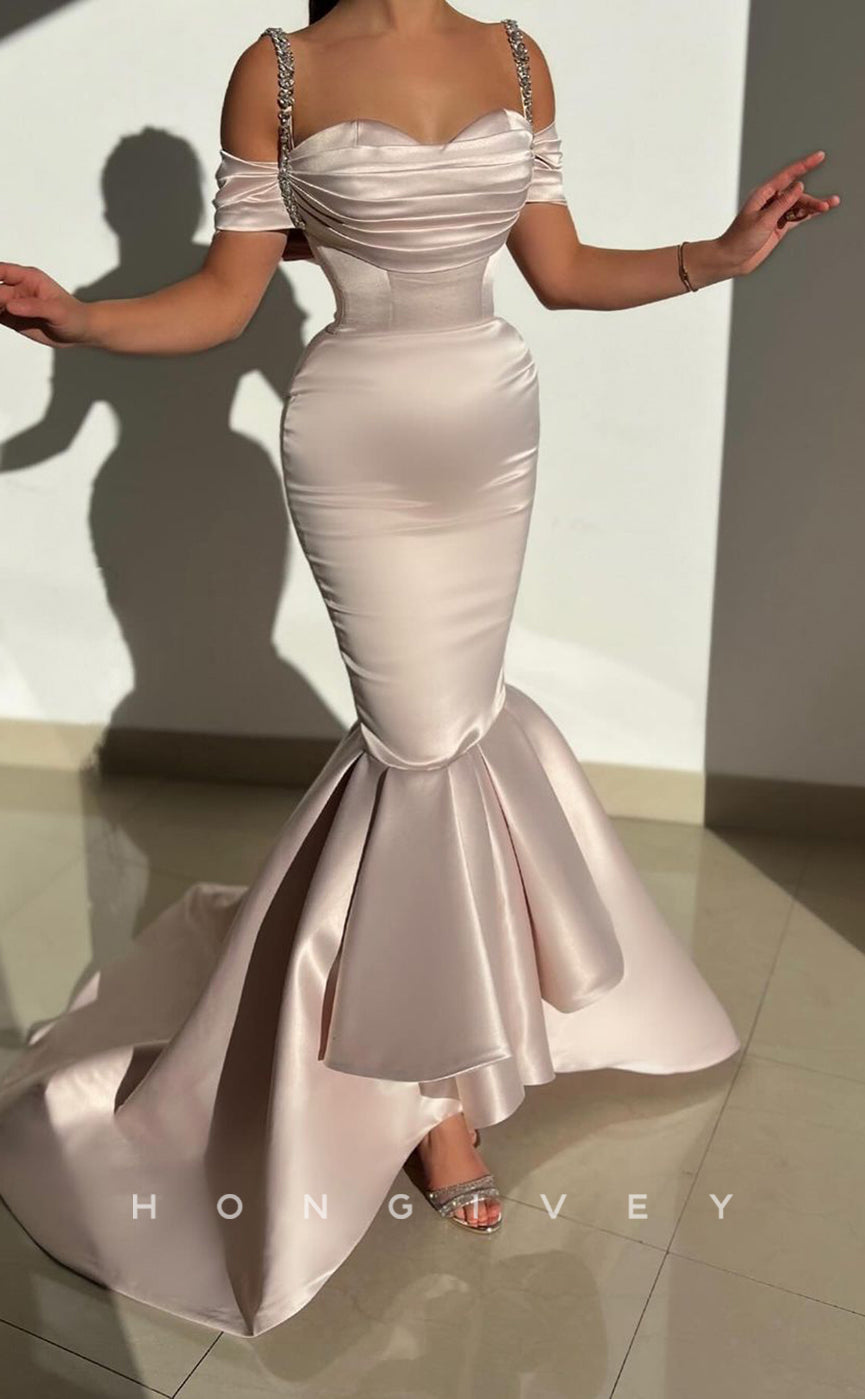 L2229 - Sexy Satin Trumpet Sweetheart Empire Beaded Straps Ruched With Train Party Prom Evening Dress - Fashionpara
